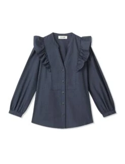 Dixie Brushed Cotton Long Sleeve Frill Shirt - Dark Blue -The Modern Femme Sales AU21 S43 DIXIE DARKBLUE CO