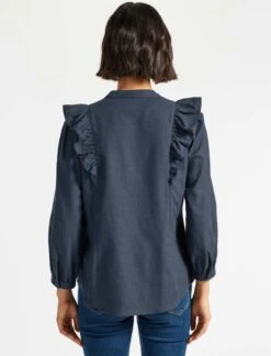 Dixie Brushed Cotton Long Sleeve Frill Shirt - Dark Blue -The Modern Femme Sales AU21 S43 DIXIE DARKBLUE LS 5855