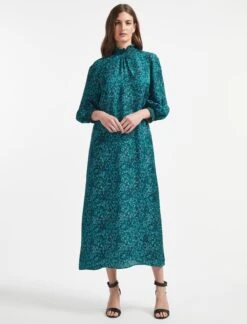 Rosamund Silk Blend Maxi Dress - Turquoise Blue Leopard Pansy Print -The Modern Femme Sales AU22 D452 ROSAMUND TURQUOISE LEOPARD PANSY PRINT LS 373