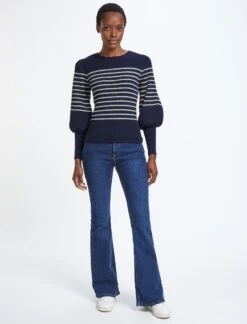 Eva Wool Crew Neck Jumper - Navy Cream Stripe -The Modern Femme Sales AU22 K88 EVA NAVYCREAMSTRIPE LS 1233