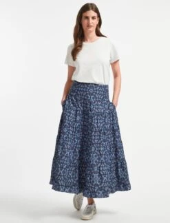 Sawyer Organic Cotton Maxi Skirt - Blue Shibori Print -The Modern Femme Sales AU22 SK118 SAWYER BLUE SHIBORI PRINT LS 883