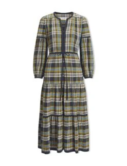 Katie Organic Cotton Seersucker Maxi Dress - Navy Yellow -The Modern Femme Sales AU23 D556 KATIE NAVYYELLOW CO