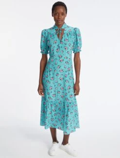 Rebecca Silk Midi Dress - Mint Posy Print -The Modern Femme Sales AU23 D562 REBECCA MINT POSYPRINT LS 4119