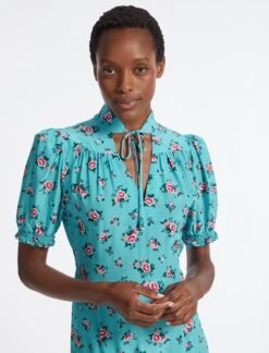 Rebecca Silk Midi Dress - Mint Posy Print -The Modern Femme Sales AU23 D562 REBECCA MINT POSYPRINT LS 4130