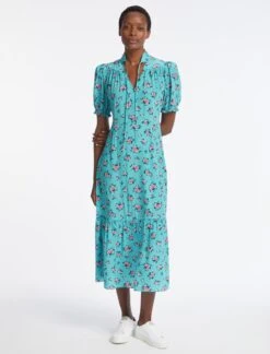 Rebecca Silk Midi Dress - Mint Posy Print -The Modern Femme Sales AU23 D562 REBECCA MINT POSYPRINT LS 4175