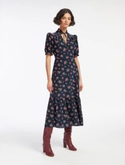 Rebecca Silk Midi Dress - Navy Posy Print -The Modern Femme Sales AU23 D562 REBECCA NAVYPINKPOSYPRINT LS 13782