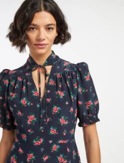 Rebecca Silk Midi Dress - Navy Posy Print -The Modern Femme Sales AU23 D562 REBECCA NAVYPINKPOSYPRINT LS 13814