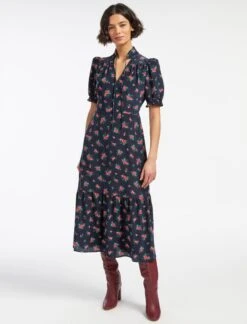 Rebecca Silk Midi Dress - Navy Posy Print