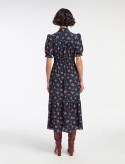 Rebecca Silk Midi Dress - Navy Posy Print -The Modern Femme Sales AU23 D562 REBECCA NAVYPINKPOSYPRINT LS 13842