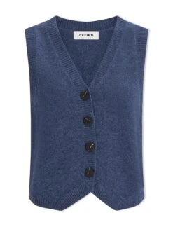 Wesley Cashmere Blend V Neck Waistcoat - Denim Blue -The Modern Femme Sales AU23 K82 WESLEY DENIMBLUE CO