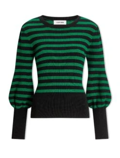 Eva Wool Crew Neck Jumper - Black Emerald Green Stripe -The Modern Femme Sales AU23 K88 EVA EMERALDBLACKSTRIPE CO