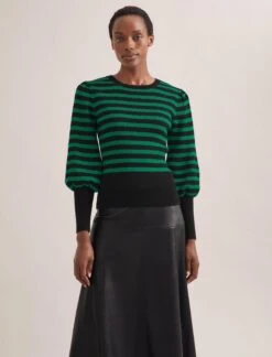 Eva Wool Crew Neck Jumper - Black Emerald Green Stripe -The Modern Femme Sales AU23 K88 EVA EMERALDBLACKSTRIPE SK119 TIANA BLACK 532