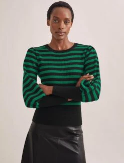 Eva Wool Crew Neck Jumper - Black Emerald Green Stripe -The Modern Femme Sales AU23 K88 EVA EMERALDBLACKSTRIPE SK119 TIANA BLACK 552