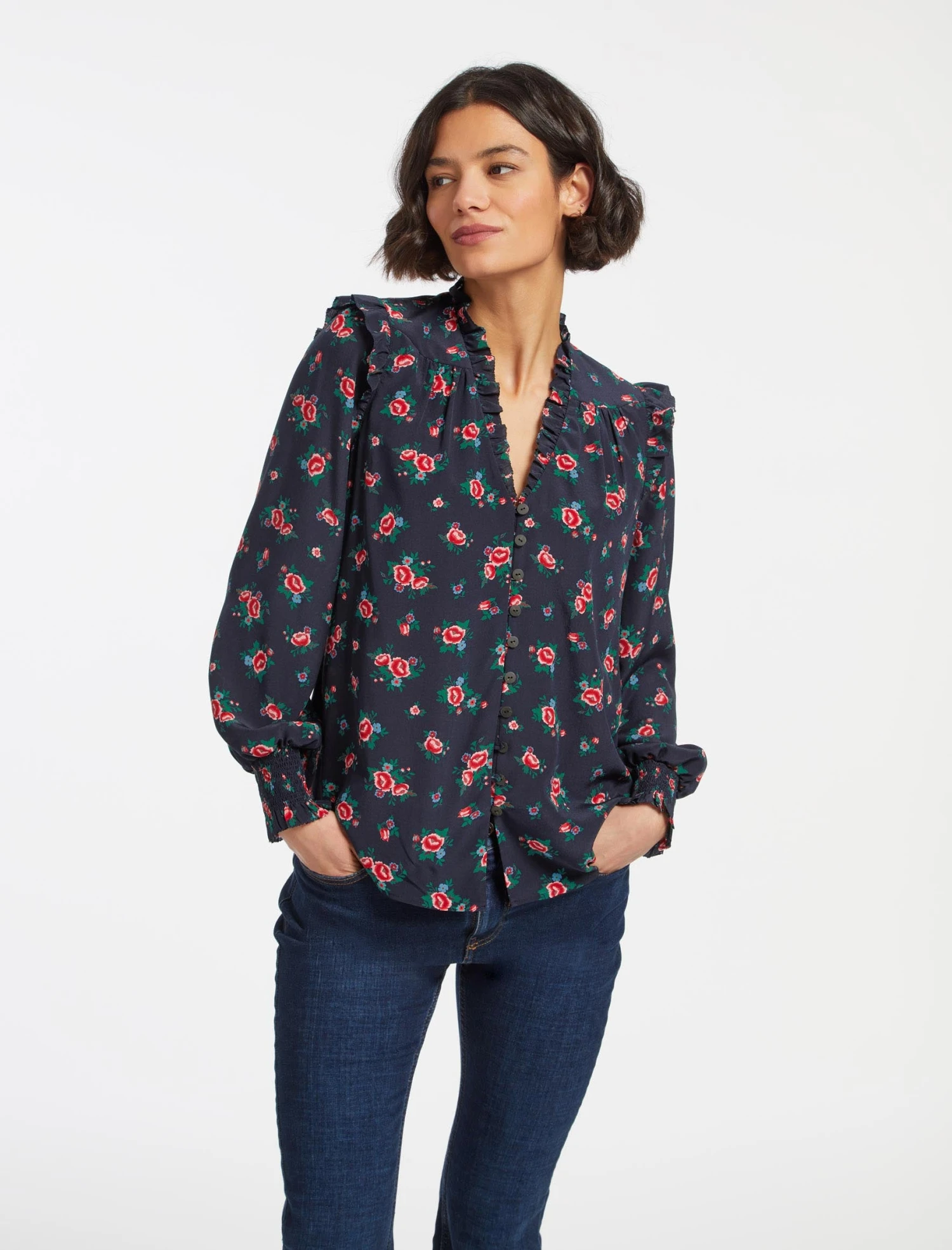 Stella Silk Shirt - Navy Posy Print 4 Stella Silk Shirt - Navy Posy Print - Image 2