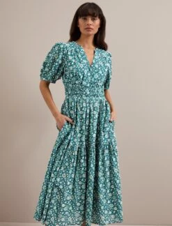 Olive Cotton Blend Midi Dress - Green Ditsy Carnation Print -The Modern Femme Sales AU24 D648 OLIVE GREEN DITSY CARNATION PRINT 2751