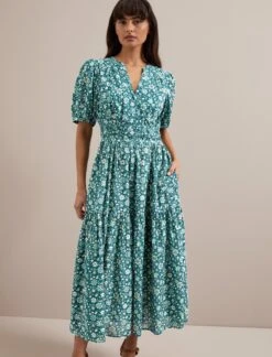 Olive Cotton Blend Midi Dress - Green Ditsy Carnation Print -The Modern Femme Sales AU24 D648 OLIVE GREEN DITSY CARNATION PRINT 2776
