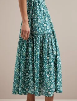 Olive Cotton Blend Midi Dress - Green Ditsy Carnation Print -The Modern Femme Sales AU24 D648 OLIVE GREEN DITSY CARNATION PRINT 2796