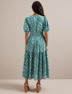 Olive Cotton Blend Midi Dress - Green Ditsy Carnation Print -The Modern Femme Sales AU24 D648 OLIVE GREEN DITSY CARNATION PRINT 2803