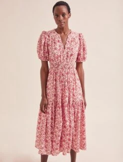 Olive Cotton Blend Midi Dress - Red Mono Floral Print -The Modern Femme Sales AU24 D648 OLIVE REDMONOFLORALPRINT LS 0062