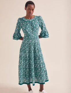 Elodie Cotton Blend Maxi Dress - Green Ditsy Carnation Print -The Modern Femme Sales AU24 D654 ELODIE GREENDITSYCARNATIONPRINT LS 20494