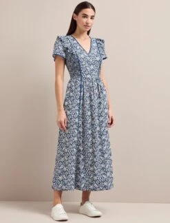 Maeve Cotton Blend Maxi Dress - Blue Mono Floral Print -The Modern Femme Sales AU24 D657 MAEVE BLUEMONOFLORALPRINT LS 1328