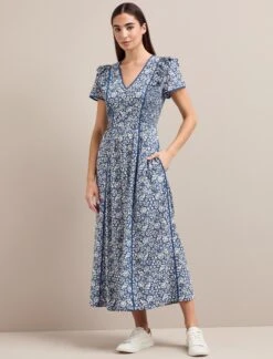 Maeve Cotton Blend Maxi Dress - Blue Mono Floral Print -The Modern Femme Sales AU24 D657 MAEVE BLUEMONOFLORALPRINT LS 1352