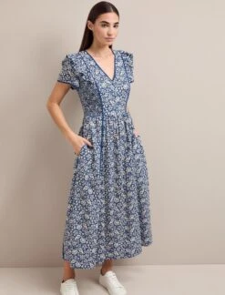 Maeve Cotton Blend Maxi Dress - Blue Mono Floral Print -The Modern Femme Sales AU24 D657 MAEVE BLUEMONOFLORALPRINT LS 1373