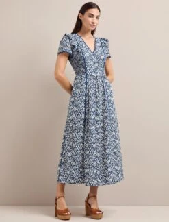 Maeve Cotton Blend Maxi Dress - Blue Mono Floral Print -The Modern Femme Sales AU24 D657 MAEVE BLUEMONOFLORALPRINT LS 1416
