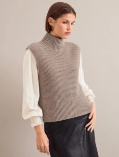 Janie Cashmere Blend Funnel Neck Sleeveless Jumper - Taupe