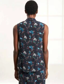 Erin Silk Sleeveless Funnel Neck Blouse - Navy Spiral Clouds Print -The Modern Femme Sales B122 ERIN NAVYSPIRALCLOUD LS 023