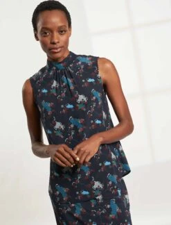 The Modern Femme Sales 21 Erin Silk Sleeveless Funnel Neck Blouse - Navy Spiral Clouds Print