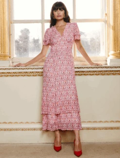 Lotta Gold Metallic Fil Coupé Maxi Dress - Pink Carnation Print