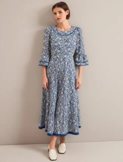 Elodie Cotton Blend Maxi Dress - Blue Mono Floral Print -The Modern Femme Sales ELODIE BLUE FLORAL 1117
