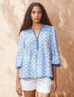 Hester Cotton Blouse - Blue Diamond Geo Print -The Modern Femme Sales Hester 672f0e22 50f9 49ce 8a4a 8a5cf05b3811