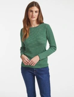 Jackson Wool Skinny Rib Jumper - Emerald Green Black Cream Stripe