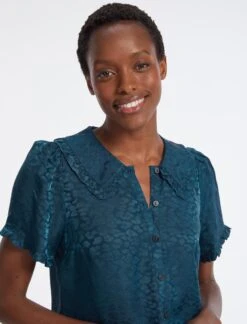 Rosa Silk Blend Blouse - Petrol Blue Leopard Pansy Print -The Modern Femme Sales RSHT B139 ROSA PETROL BLUE LS 4535 108658da 5d9f 4435 af03 3eef3438a334