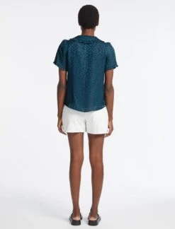 Rosa Silk Blend Blouse - Petrol Blue Leopard Pansy Print -The Modern Femme Sales RSHT B139 ROSA PETROL BLUE LS 4559