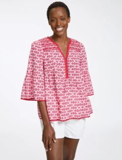 Hester Cotton Blouse - Pink Diamond Geo Print