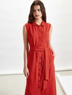 Ursula Sleeveless Maxi Shirt Dress With Pocket - Crimson/White Stripe -The Modern Femme Sales RSHT D295 URSULA CRIMSON WHITE STRIPE LS 3038 crop