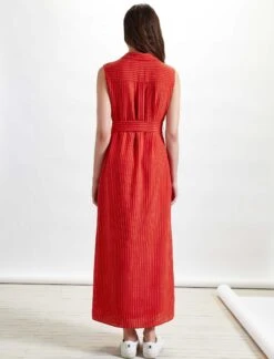 Ursula Sleeveless Maxi Shirt Dress With Pocket - Crimson/White Stripe -The Modern Femme Sales RSHT D295 URSULA CRIMSON WHITE STRIPE LS 3064 crop