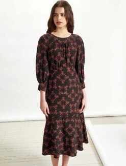Darcie Long Sleeved Round Neck Midi Dress - Black/Crimson Floral -The Modern Femme Sales RSHT D361 DARCIE BLACK LS 3101