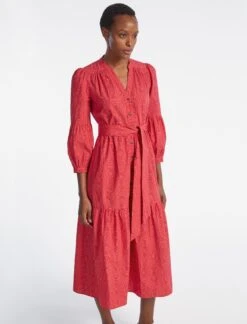 Alice Organic Cotton Maxi Shirt Dress - Red Moire Print -The Modern Femme Sales RSHT D433 ALICE REDMOIREPRINT LS 3721
