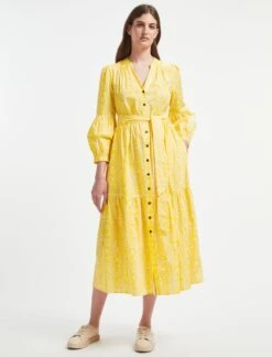 Alice Organic Cotton Maxi Shirt Dress - Yellow Moire Print