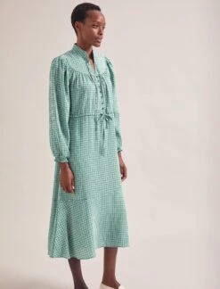 Zahra Midi Dress - Ecru Green Houndstooth Print -The Modern Femme Sales RSHT D615 ZAHRA ECRUGREENHOUNDSTOOTHPRINT LS 19724