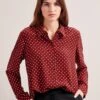 Skyla Silk Shirt - Lipstick White Polka Dot -The Modern Femme Sales RSHT S35 SKYLA LIPSTICKWHITEPOLKADOT LS 0056