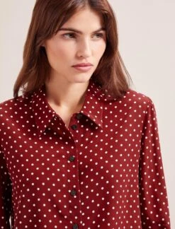Skyla Silk Shirt - Lipstick White Polka Dot -The Modern Femme Sales RSHT S35 SKYLA LIPSTICKWHITEPOLKADOT LS 0068