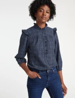 Sybil Cotton Shirt - Navy Crimson White Check