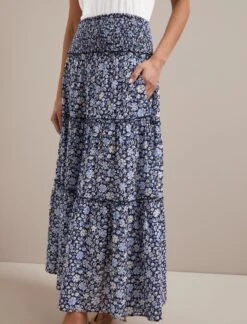 Kira Cotton Blend Maxi Skirt - Blue Ditsy Carnation Print -The Modern Femme Sales RSHT SK169 KIRA BLUE DITSY CARNATION PRINT LS 2920