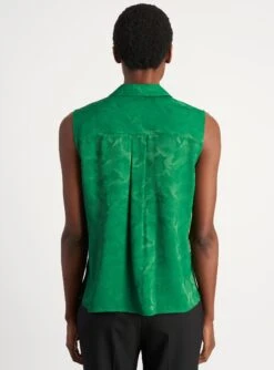 Spencer Sleeveless V-Neck Collared Shirt - Emerald Green Camo Jacquard -The Modern Femme Sales S40 SPENCER EMERALD LS 022