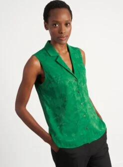 Spencer Sleeveless V-Neck Collared Shirt - Emerald Green Camo Jacquard -The Modern Femme Sales S40 SPENCER EMERALD LS 035